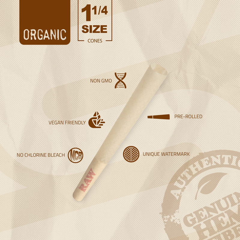 [Australia] - RAW Cones Organic 1-1/4 Size | 100 Pack | Pre Rolled Rolling Paper with Tips & Packing Tubes Included 