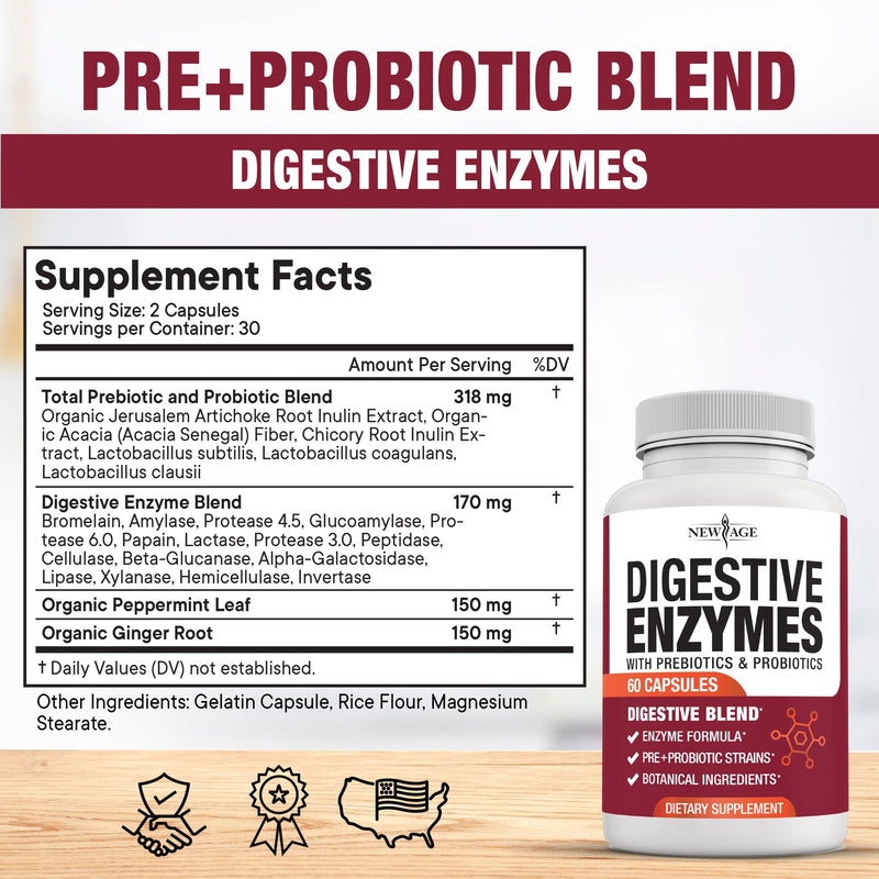 [Australia] - NEW AGE Digestive Enzymes for Gut Health - Probiotic Multi Enzymes with Prebiotics and Probiotics with Lipase for Women and Men for Digestive Health, Daily Enzymes for Digestion - 120 Count 60 Count (Pack of 2) 