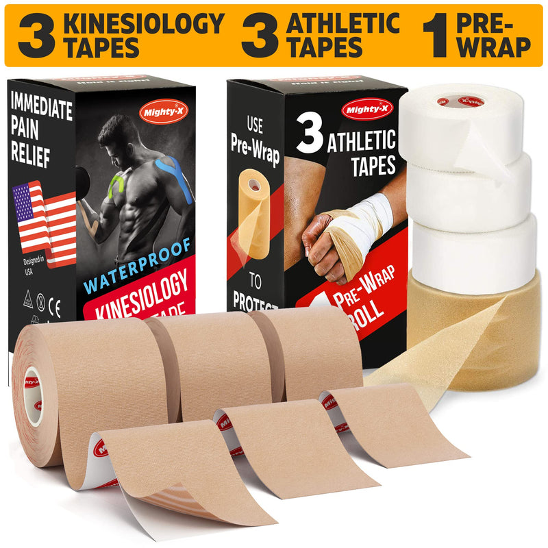 Save 10% on Waterproof Kinesiology Tape - 3 Uncut Rolls - 16.4ft Kinetic Tape with Great Adhesion (Latex Free) + White Athletic Tape + PreWrap - 4 Pack - 1.5in x 45ft