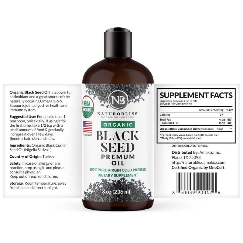 [Australia] - NaturoBliss Organic Black Seed Oil 100 Virgin Cold Pressed Omega 3 6 9 Super Antioxidant for Immune Support, Joints, Mobility, Digestion, Hair Skin Vegan, Gluten-Free, Non-GMO USDA Certified 8oz 