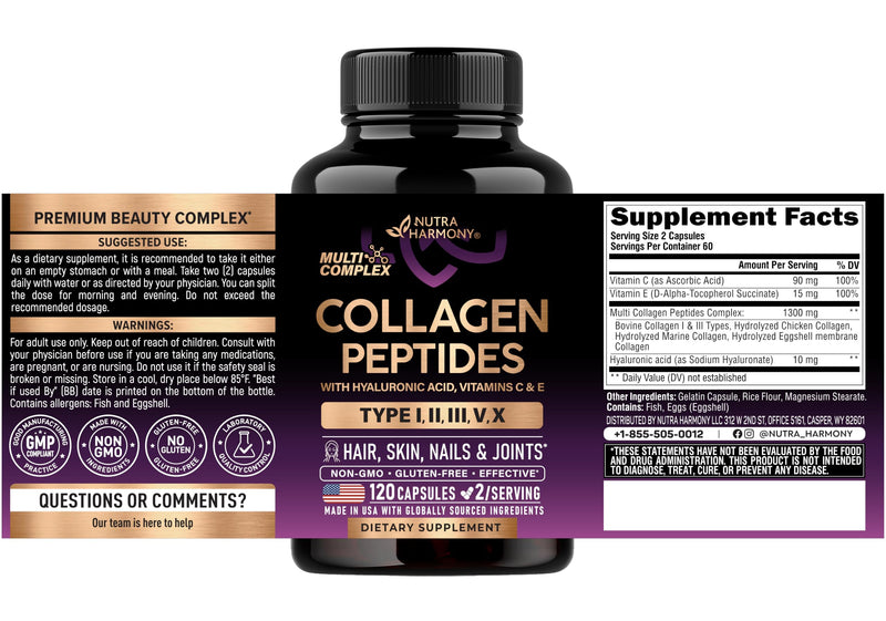 Multi Collagen Peptides 1300mg - Hydrolyzed Types I II III V & X - 120 Caps | Collagen Supplements for Women + Hyaluronic Acid, Vitamin C & E - Skin Hair Nails & Joint Support - Lab Tested, 60-Day Supply 120 Count (Pack of 1)