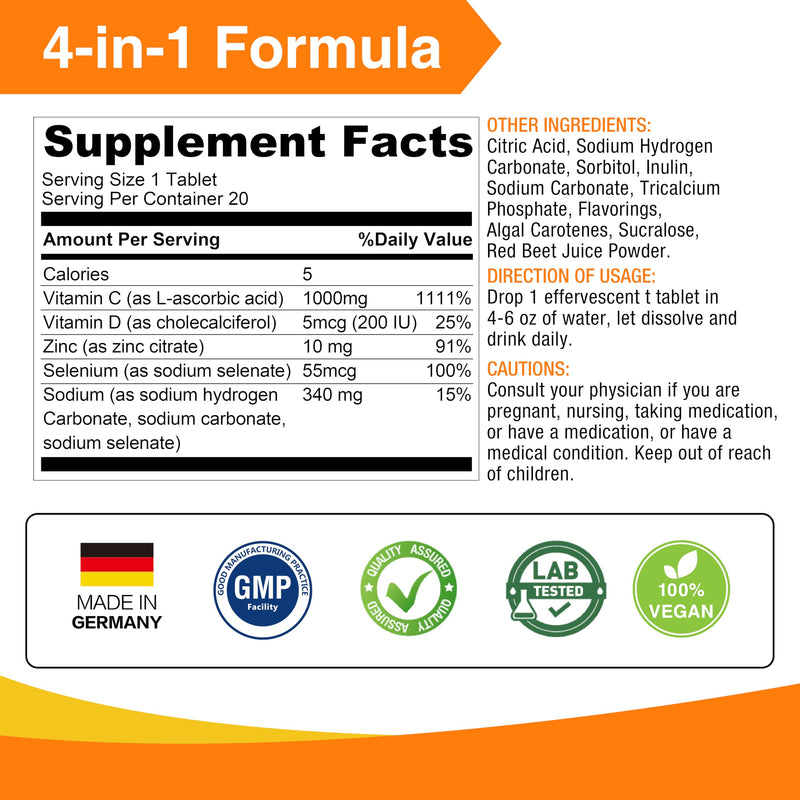 LOVITA 4-in-1 Vitamin C Effervescent Tablets, 20 Count, Pack of 6 | Six-Tube Value Pack, With D3, Zinc, Selenium, & Antioxidants; Orange Flavor, Vegan, Sugar-Free, Gluten-Free, & Lactose-Free 20 Count (Pack of 6)