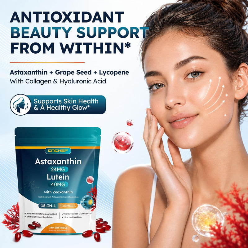 18-in-1 Astaxanthin 24mg Supplement with Lutein 40mg & Zeaxanthin, Eye Health & Antioxidant Support with Lycopene, Grape Seed, CoQ10, Collagen & Hyaluronic Acid, 240 Softgels, 240-Day Supply