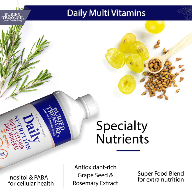 Buried Treasure Daily Nutrition Liquid Multivitamin and Mineral Supplement with Trace Minerals, Superfoods, Vitamin A, B-Complex, C, D, E, Methylfolate, Biotin, Magnesium, Zinc, Resveratrol, 32 serv