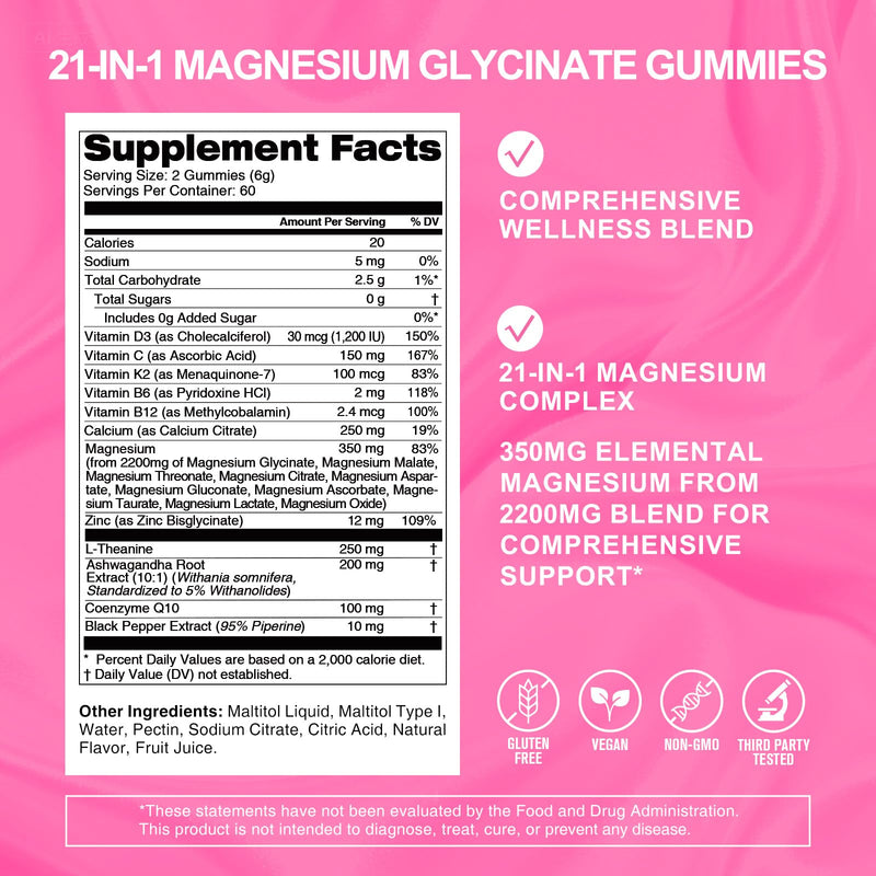 Magnesium Glycinate Gummies 21 in 1, Magnesium Complex 2200MG, 120 Gummies | Magnesium Supplement for Muscle, Nerve, Bone and Heart Health Support, Mixed Berry Flavored Magnesium Gummies, 30 Day Supply 120 Count (Pack of 1) 21-in-1 Magnesium Complex