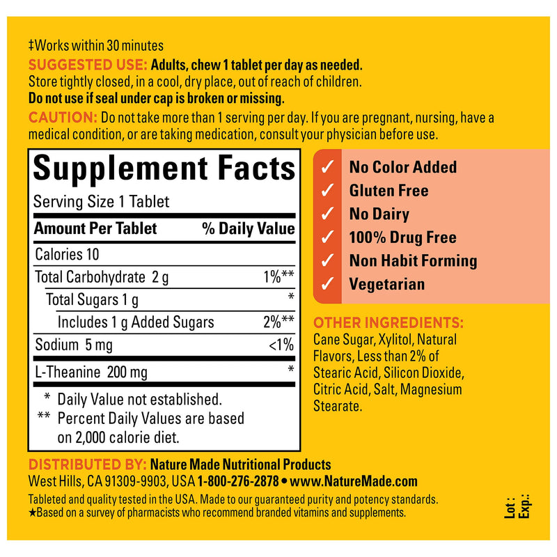 [Australia] - Nature Made Chewable L Theanine 200mg, L-Theanine Supplement for Stress Relief, 50 Chewable Tablets, 50 Day Supply 50 Count (Pack of 1) 