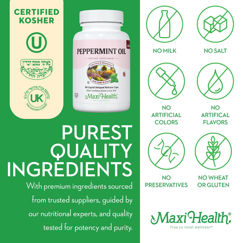 [Australia] - Maxi Health - Peppermint Oil with Ginger & Fennel Delayed Release Capsules - Digestion & Absorption Ingestible Dietary Supplement with Natural Essential Oil Ingredients - Digestive Health Support Unflavored 60 Count (Pack of 1) 