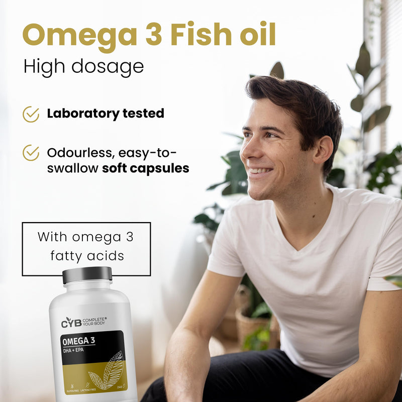 Omega 3 Fish Oil 2000mg Capsules - 240 High Strength Softgels - Pure Omega Fatty Acids 3 EPA 360mg + DHA 240mg Per Serving - 4 Month Supply - Laboratory Tested - Complete Your Body - CYB Brand