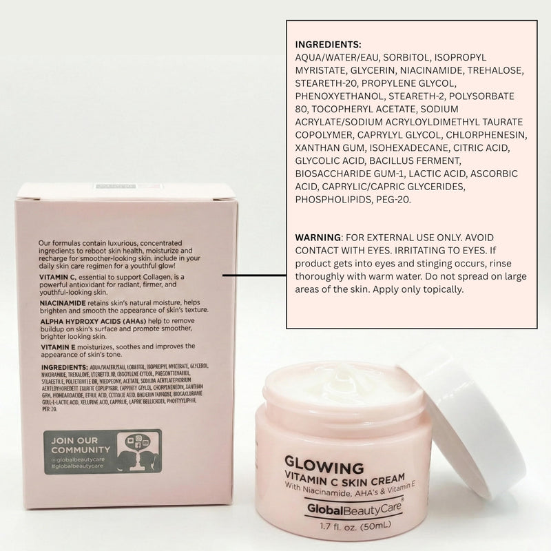 Global Beauty Care Glowing Vitamin C Skin Cream - Radiant Face Moisturizer to Improve Appearance of Uneven Skin Tone with Niacinamide, AHA & Vitamin E, Antioxidant Glow Support, 1.7 fl oz (1 Pack) 1.7 Fl Oz (Pack of 1)