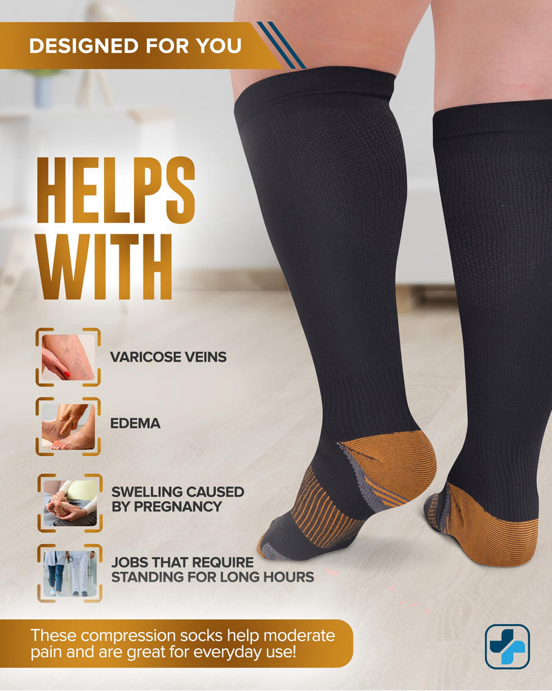 Doctor's Select Copper Plus Size Compression Socks Wide Calf - 2 Pairs | 20-30mmHg Extra Wide Calf Compression Socks Women | Copper Socks for Swelling, Varicose Veins | Extra Wide Calf Compression Socks | Black Wide Compression Socks for Women & Men