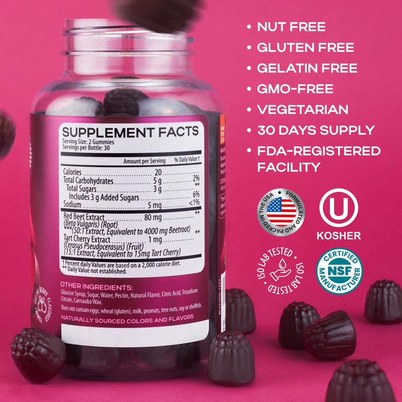 [Australia] - Beet Chews for High Blood Pressure - Beet Root Gummies Made in USA with Tart Cherry - Nitric Oxide Supplements for Energy and Cardio Health - Vegan, No GMO, Pectin Based - for Women and Men, 60 Pcs 60 Count (Pack of 1) Berry 