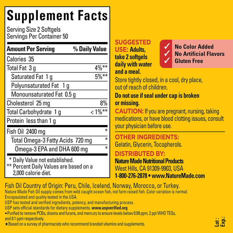 Nature Made Fish Oil Omega 3 Supplements, 1200mg Softgels, 100 Softgels | Omega 3 Fish Oil for Healthy Heart Support, Gluten Free, Dairy Free, 50 Day Supply 100 Count (Pack of 1)