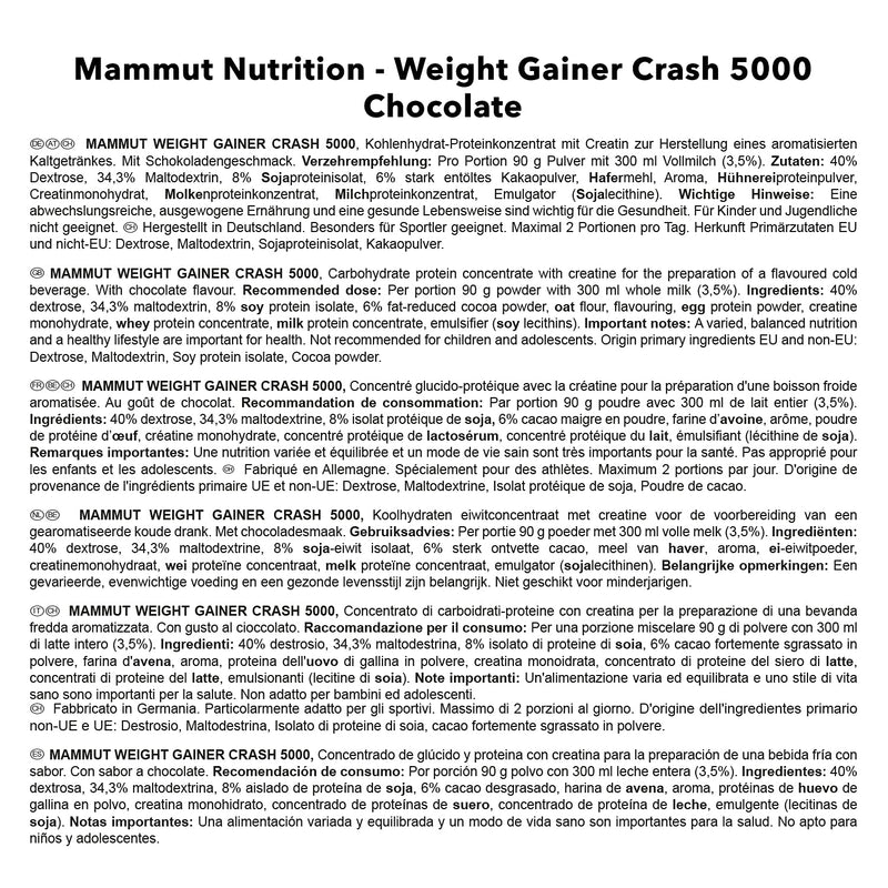 [Australia] - Mammut Nutrition Crash Weight Gainer Powder Chocolate - 4.5 kg - 518 kcal/shake for weight gain - 80% carbohydrates - 4-component protein - Ideal for endurance and competitive athletes Chocolate 50 portions (pack of 1) 