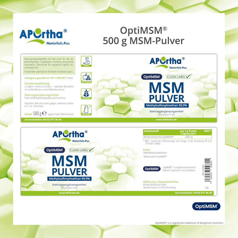 [Australia] - APOrtha® OptiMSM® MSM powder, 500g vegan powder, 99.9% pure methylsulfonylmethane without any additives, 1,000 mg OptiMSM® MSM per serving, vegan, gluten-free, lactose-free, allergen-free 
