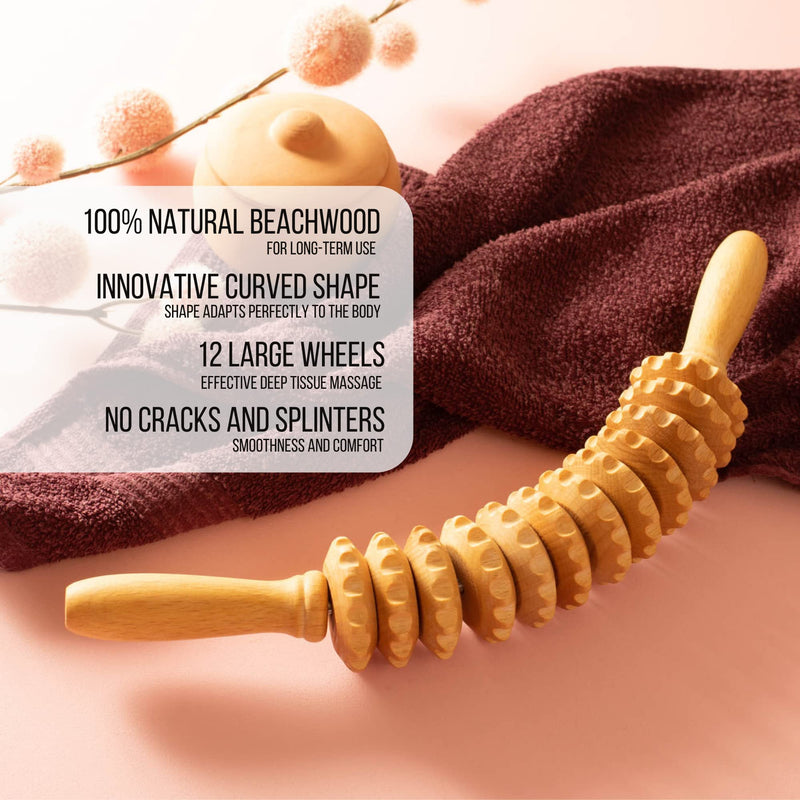 [Australia] - Mr.Woodware Wood Therapy Massage Tools - 2 Pcs Wooden Lymphatic Drainage Curved Roller Stick & Back Massager with Rope Massage Kit - Wood Massage Tools for Body Shaping, Sculpting, Maderoterapia Roller & Massager 