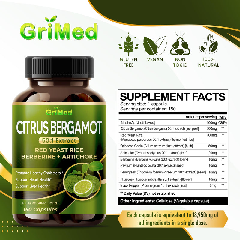 [Australia] - Citrus Bergamot 50:1 Extract 20,400mg with Red Yeast Rice, Garlic, Artichoke for Healthy Cholesterol, Heart Health - Made in The USA (150 Count (Pack of 1)) 150 Count (Pack of 1) 