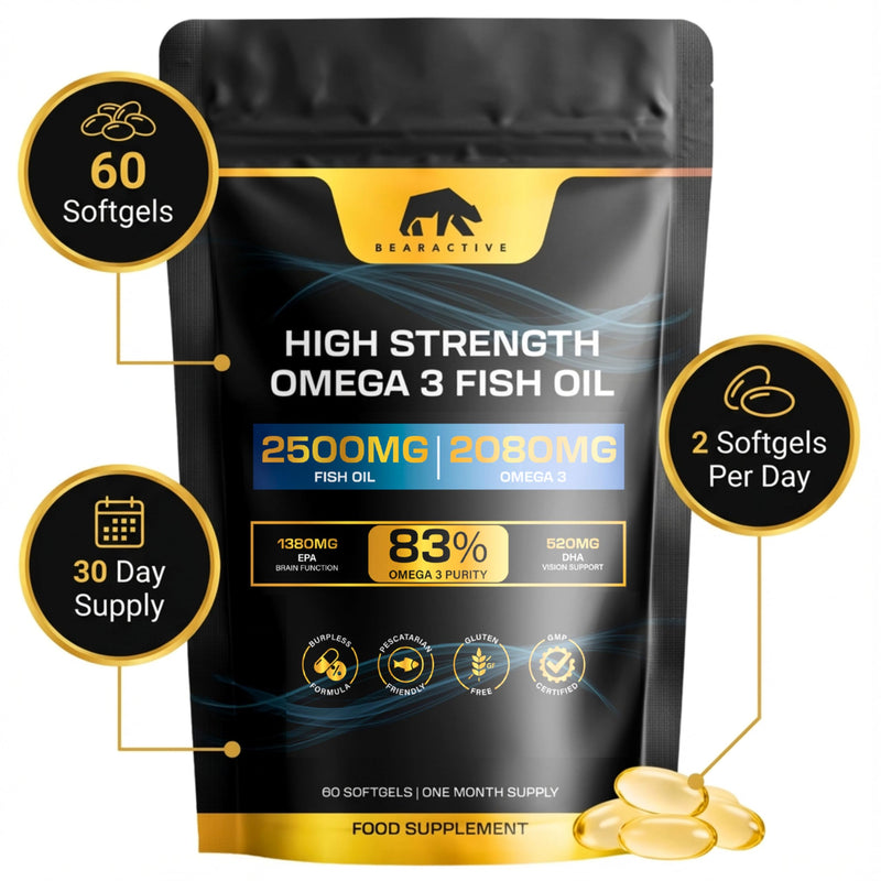 Omega 3 Capsules High Strength Fish Oil 2500mg – 2080mg – 83% Omega-3 (1380 EPA & 520 DHA) – Burpless Pescatarian Softgels for Heart, Brain, Eyes & Joints – 60 Softgels