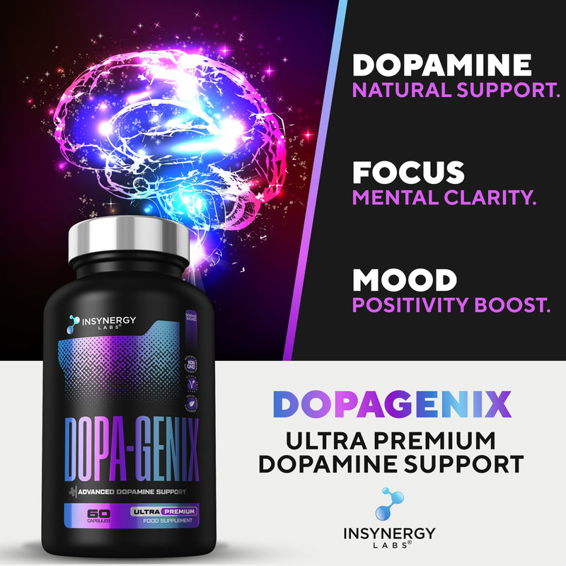 DopaGenix - Ultra Premium Dopamine Supplement (Highest UK Dosage) 8 Ingredients Dopamine Balance Supplements, l tyrosine, rhodiola rosea, Mood, Brain, Positivity 60 Vegan Capsules