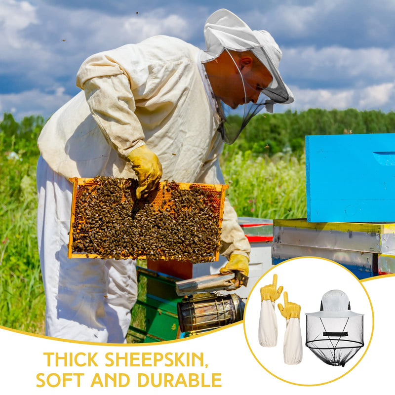 [Australia] - Xuhal Bee Keeping Hats and Gloves Includes Thick Goatskin Leather Bee Gloves with Ventilated Sleeves and Bee Keeper Fencing Veil Mosquito Hats Sun Hat with Hidden Net Mesh Mask 