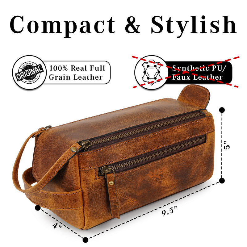 Premium Handmade Genuine Leather Toiletry Bag for Men & Women, Dopp Kit & Shaving Travel Organizer, Cosmetic Wash Bag with Zipper Pocket Travel Pouch, Gift for Him & Her - Tan Brown Tan (Large)