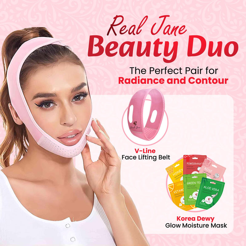 V Line Face Lifting Strap with 6 Korean Dewy Glow Masks – Reusable Chin Strap for Jawline Support, Face Slimming, Skin Care Tool for Women, Facial Firming Band, Beauty Mask Set