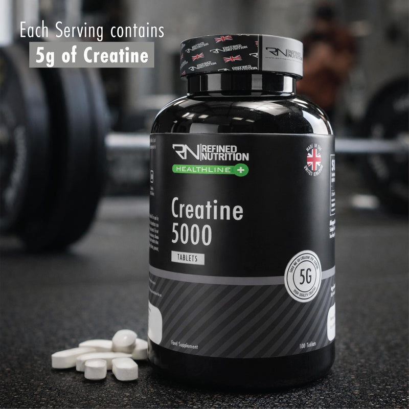 Refined Nutrition Creatine Monohydrate Tablets 5000mg – High Strength Pure Creatine 5g Serving – 100 Tablets for Muscle Growth, Power & Performance – UK Made, Vegan & Halal Certified – 20 Servings