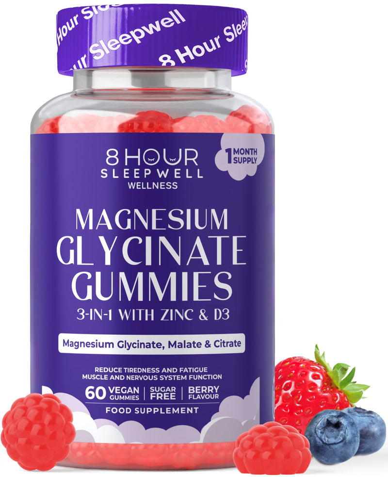 Magnesium Glycinate Gummies – 60 Vegan & Sugar-Free for Kids & Adults - Glycinate 3-in-1 Gummies with B6, Zinc & D3 – 240mg Elemental Magnesium for Sleep, Stress, Muscles & Bones Support 60 count (Pack of 1)