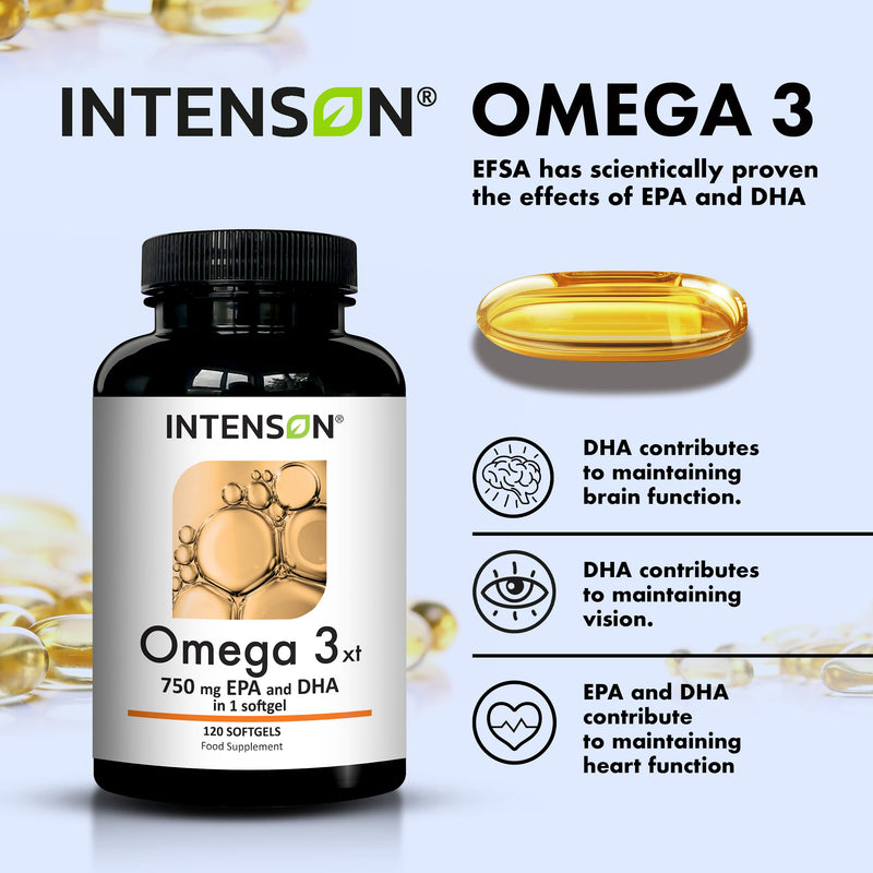 Intenson Omega 3 XT - 1000mg with 750mg of EPA & DHA per Capsule – 120 Softgels of High Strength Omega 3 Fish Oil – 4 Months Supply