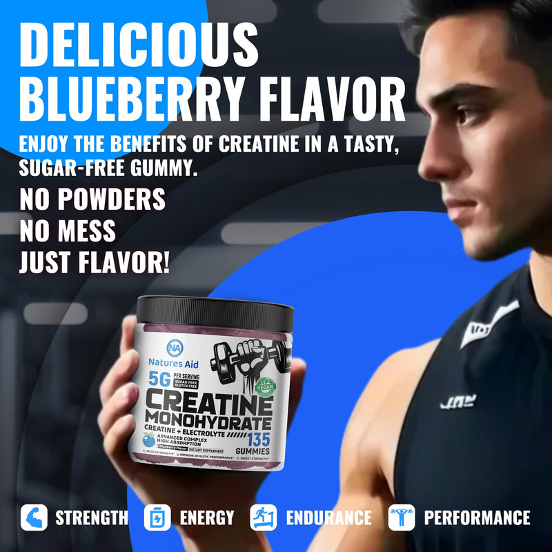 [Australia] - Creatine Monohydrate Gummies (5g) ‚Äì Pre-Workout Energy & Muscle Growth Support for Men & Women | Blueberry Electrolyte Gummies (135 Count) 135 Count (Pack of 1) 