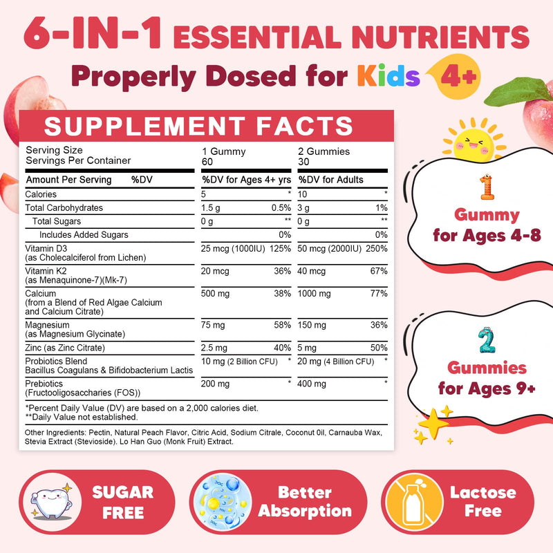 Calcium Citrate Gummies for Kids & Women - 500/1000mg Calcium Supplement with Vitamin D3 K2, Magnesium, Zinc, Probiotics & Prebiotics, Extra Absorption Algae Calcium For Bone, Muscle, Sugar Free 60Cts