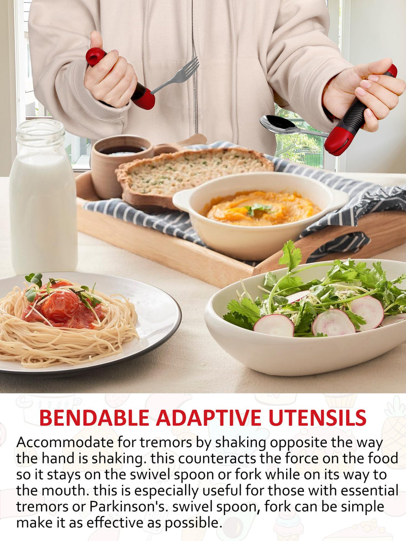 Disability Aids, Cutlery for Arthritic Hands -180°Bendable Spoon Fork Grips Set, Aids for Living, Arthritis for Hand Tremors, Travel Eating Utensils for Disabled, Elderly, Adults