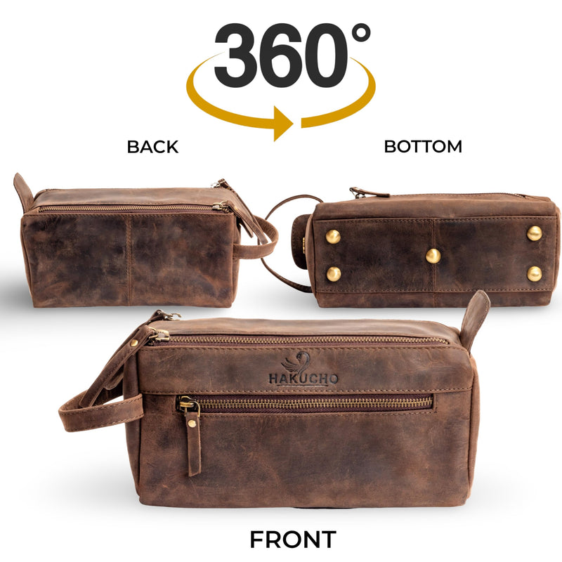 Full Grain Leather Toiletry Bag for Men & Women – Water-Resistant Travel Shaving Kit Organizer with YKK Zipper, Spacious Bathroom Grooming & Cosmetic Storage Case, Dark Brown 1