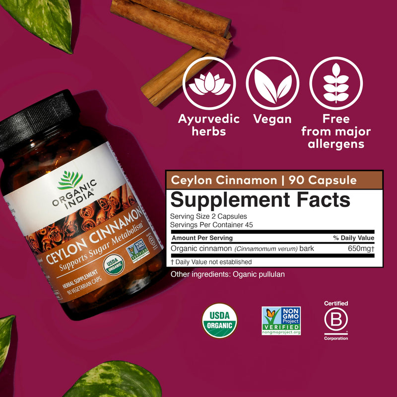 [Australia] - ORGANIC INDIA Cinnamon Supplement, Nutritional Supplement for Blood Sugar Metabolism Support, 90 Veg Caps 