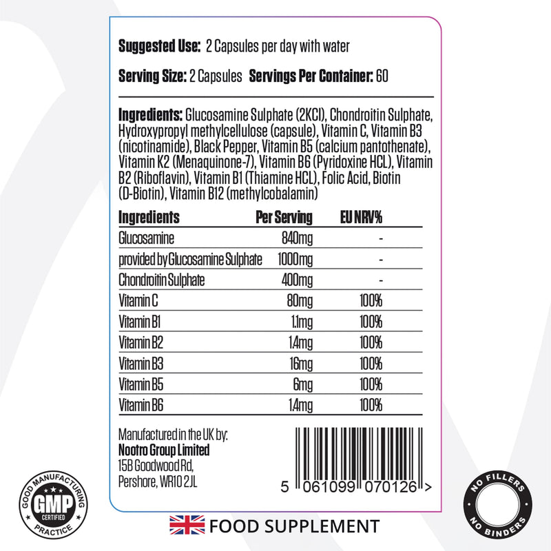 Nootro Essentials Glucosamine and Chondroitin High Strength Supplement, Daily Supplement with Chondroitin, Vitamin C & Vitamin B Complex for Joint Care (60 Servings, 2 Month Supply)