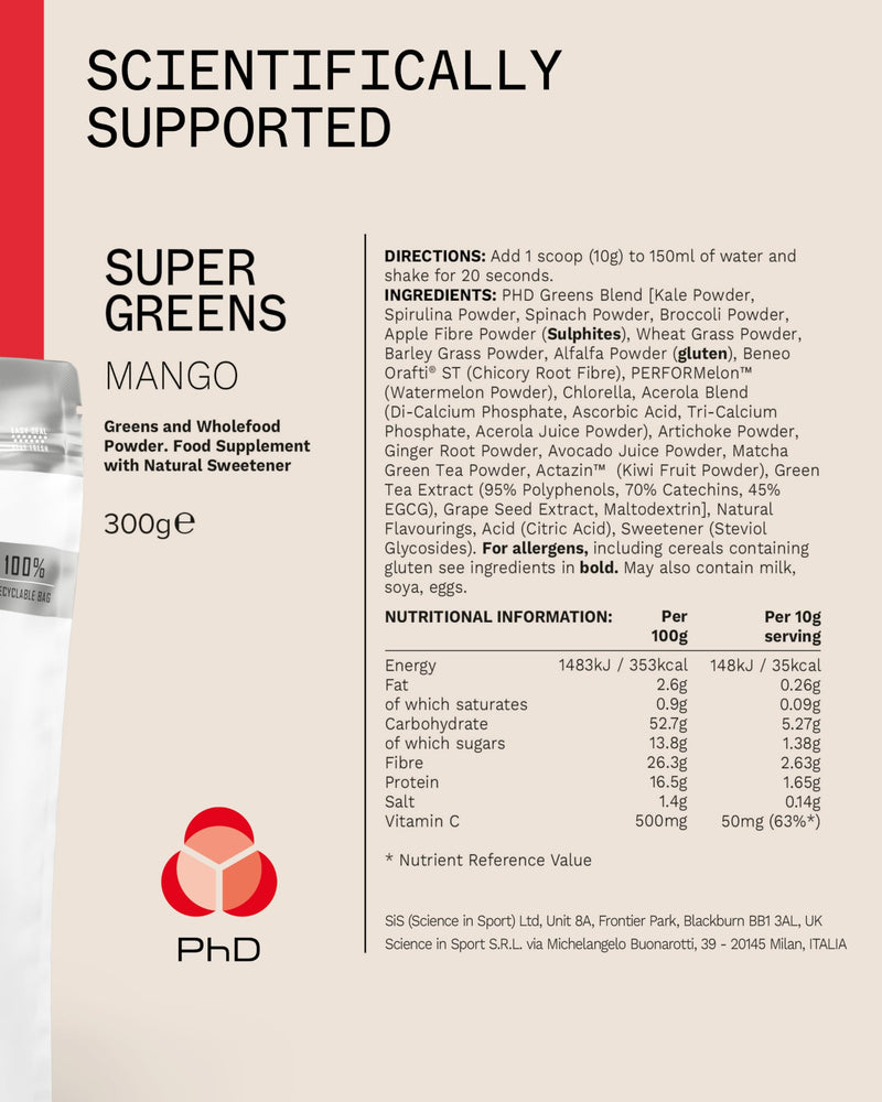 PhD Nutrition Super Greens Powder, Mango Flavour, High Fibre Low Sugar, Blend of 18 Nutrient Rich Fruits and Vegetables, 300 g