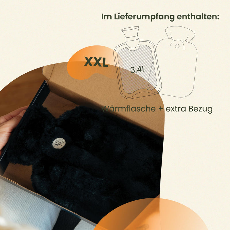 [Australia] - KUNU® the special XXL hot water bottle - 3.4l - incl. gift packaging - with extra cover - irresistibly fluffy - perfect for adults and children - leak-proof and tested Fluffy Black 