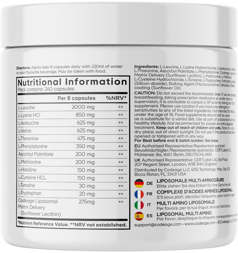 Codeage Multi Amino+ BCAA & EAA Supplement, All 9 Essential Amino Acids, Free-Form Branched-Chain Amino Acid Pills, Sport Supplement, Pre & Post Workout, Liposomal Delivery, Vegan, 240 Capsules