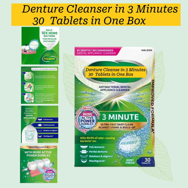 [Australia] - 3 Minute Denture Cleaner 30 Tablets in Triplemint Bundle with Dentu-Care Denture Cleaning Cup Case With Lid Basket and Draining Basket for Cleaning and Storing 