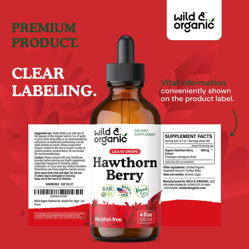 [Australia] - Wild & Organic Hawthorn Berry Tincture 600 mg - Liquid Hawthorne Berry Supplement for Overall Support - Vegan, Sugar & Alcohol-Free Fruit Extract Drops - 4 fl oz 4 Fl Oz (Pack of 1) 