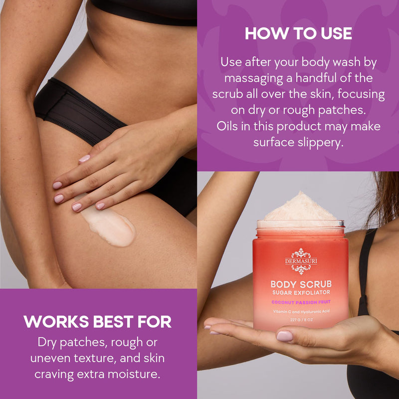 Dermasuri Exfoliating Sugar Body Scrub, Hyaluronic Acid, Shea Butter, 227g | Vitamin C Body Scrub For Women & Men, Hydrating Body Exfoliator Removes Dead, Dry Skin, Coconut Passion Fruit, All Skin Types
