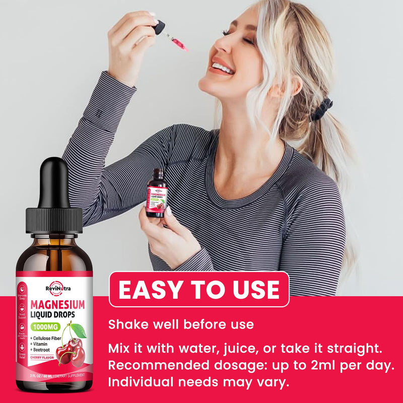 Magnesium Glycinate Liquid Drops, 1000mg Magnesium Glycinate, Citrate & Taurate with Fiber, Beetroot, Vitamin B & C for Sleep, Calm, Muscle, Energy & Relaxation, 2 Fl Oz, Sugar-Free Cherry Flavor 2 Fl Oz (Pack of 1)
