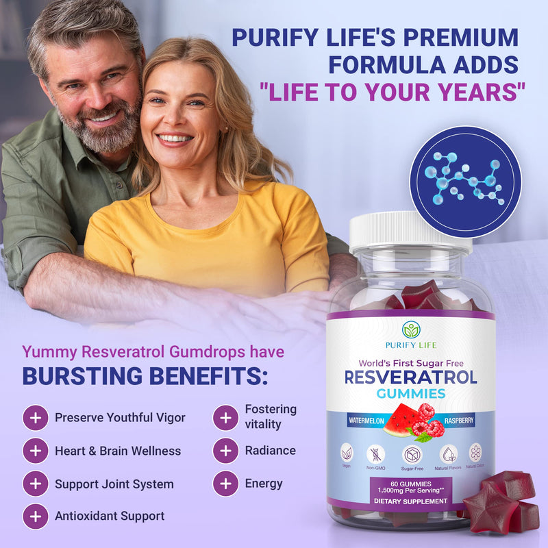[Australia] - Purify Life Sugar-Free Resveratrol Gummies - Potent 1500mg Resveratrol Supplement to Support Digestive & Immune Health - Resveratrol Supplement for Antioxidant Support, Cell Regenerator & Repair Resveratrol Cell Repair 