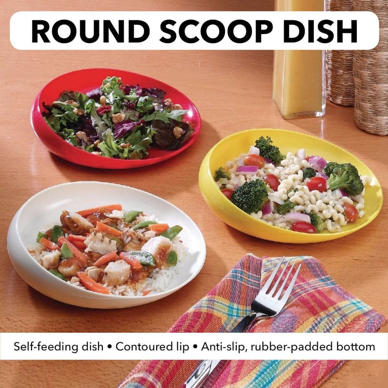 [Australia] - Sammons Preston Ivory Round Scoop Dish, Unbreakable 8" Scooper Bowl for Elderly, Disabled, & Handicapped, Plate with Non Skid Rubber Padded Bottom for Independent Eating, Self-Feeding Aid 