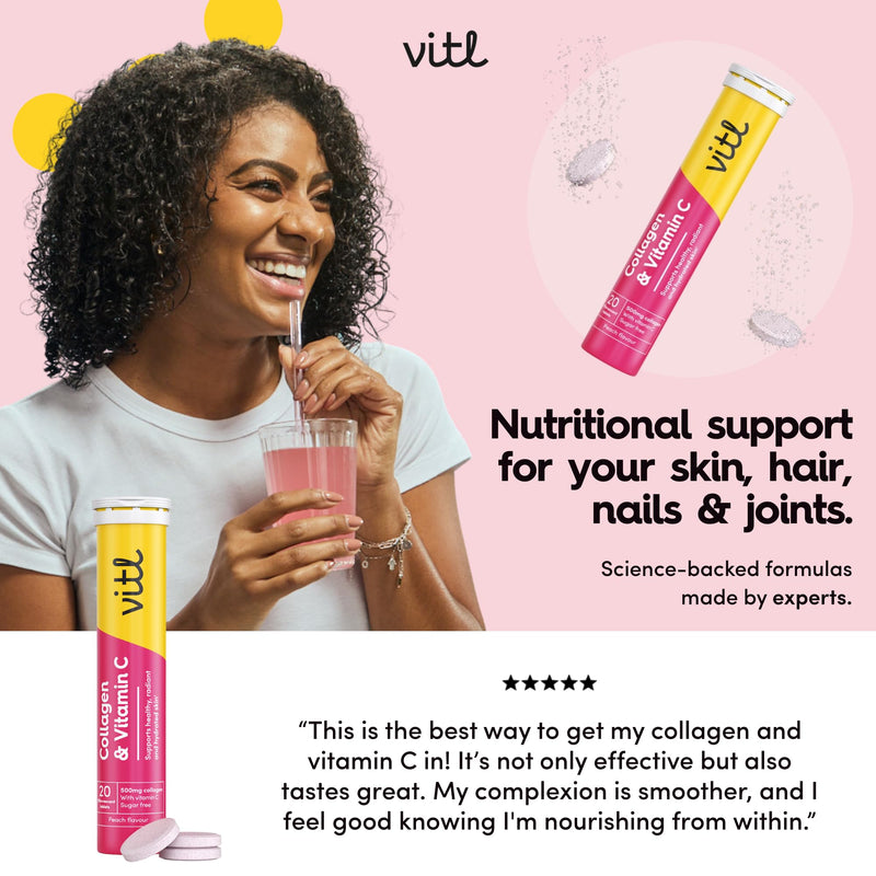 Vitl Collagen & Vitamin C Effervescent Tablets | Nutritional Support for Skin, Hair, Nails & Joints | Collagen Supplements for Women | Peach Flavour (20 Tablets)