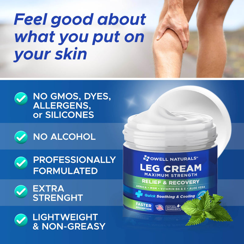 OWELL NATURALS Relief Legs Cream, Deep Penetrating Soothing Formula, Fast Acting & Maximum Strength with Arnica, Aloe Vera Vitamin E, for Muscles, Calf, foot, ankle, 2 oz (Pack of 2) 2 Fl Oz (Pack of 2)