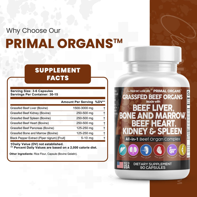 [Australia] - Clean Nutraceuticals Grass Fed Beef Liver Capsules 3000mg - Premium Quality Supplement Packed with Desiccated, Beef Heart, Beef Spleen, Beef Pancreas Plus Bone & Marrow Dao Enzyme Pills - USA Made 