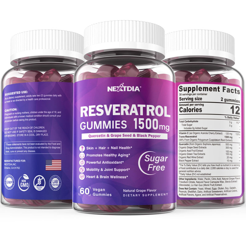 [Australia] - Resveratrol Gummies 1500mg - Sugar Free Resveratrol Supplement with Quercetin, Grape Seed, Acai Berries Extracts Support Antioxidant, Healthy Aging & longevity, Skin, Joint, Brain Wellness - Vegan 60 Count (Pack of 2) 
