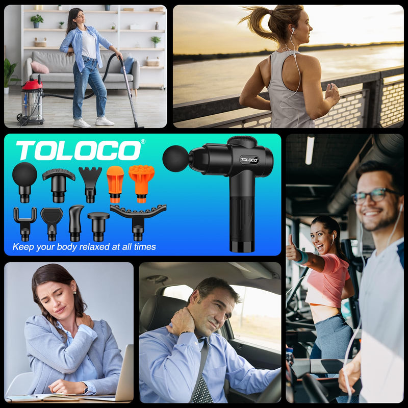 [Australia] - TOLOCO Massage Gun, Deep Tissue Back Massage for Athletes for Pain Relief, Percussion Massager with 10 Massages Heads & Silent Brushless Motor, Black 