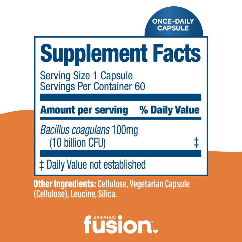 Bariatric Fusion Probiotic Capsule | Easy to Swallow Bariatric Vitamin | 10 Billion CFU | Bacillus Coagulans | Support Digestive & Immune Health | 60 Count