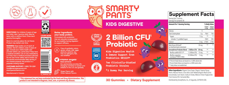SmartyPants Kids Probiotic Gummies for Digestive Health: 2 Billion CFU Gut Health and Immune Support Supplement, Clinically Studied Probiotic, Gluten Free, Grape, 30 Count (30 Day Supply) 1 Count (Pack of 1) Grape Probiotic